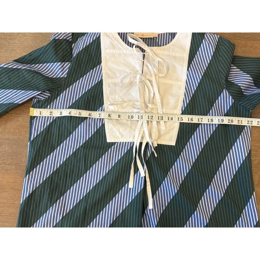 TORY BURCH Overprinted Tie-Front Top in Diagonal Stripe size 10 Blue Green